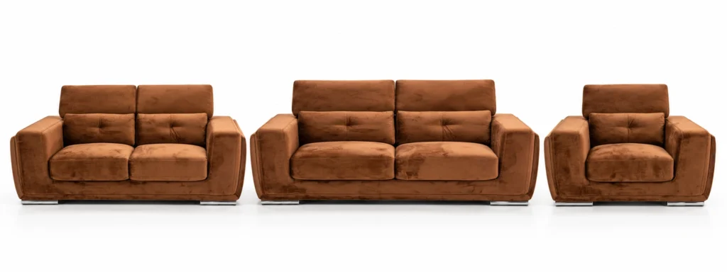 Rame, salon trois pièces cognac de face sur fond blanc — G HOME