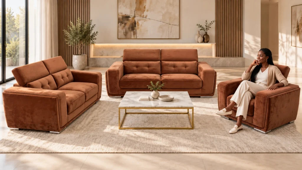 Salon Rame cognac avec table basse et modèle sénégalaise — G HOME