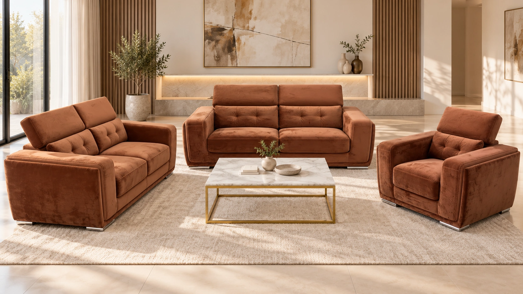 Rame, deux canapés et un fauteuil cognac autour d’une table basse, sans modèle — G HOME