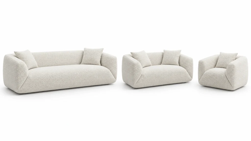 Fiocco, salon trois pièces ivoire à 45 degrés sur fond blanc — G HOME