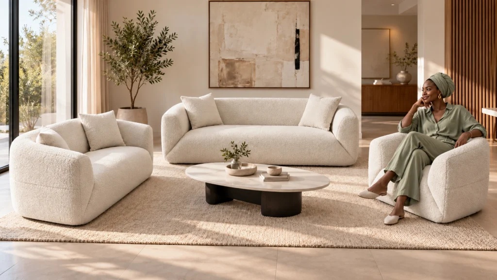 Salon Fiocco ivoire avec table basse et modèle sénégalaise — G HOME