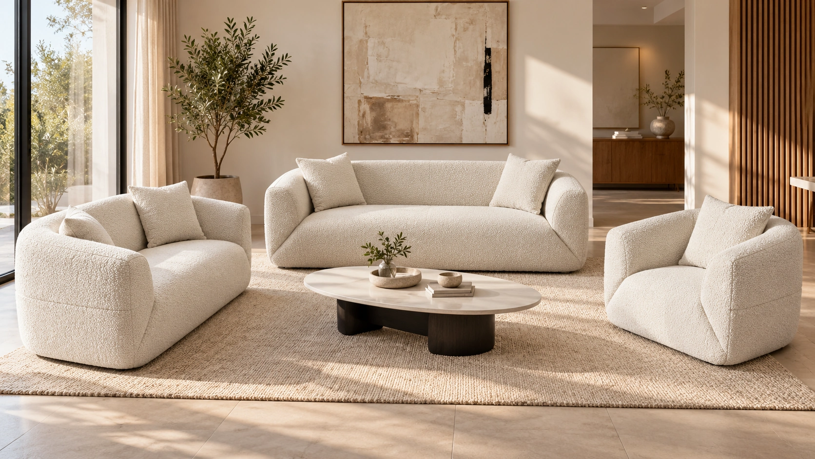Fiocco, deux canapés et un fauteuil ivoire autour d’une table basse, sans modèle — G HOME