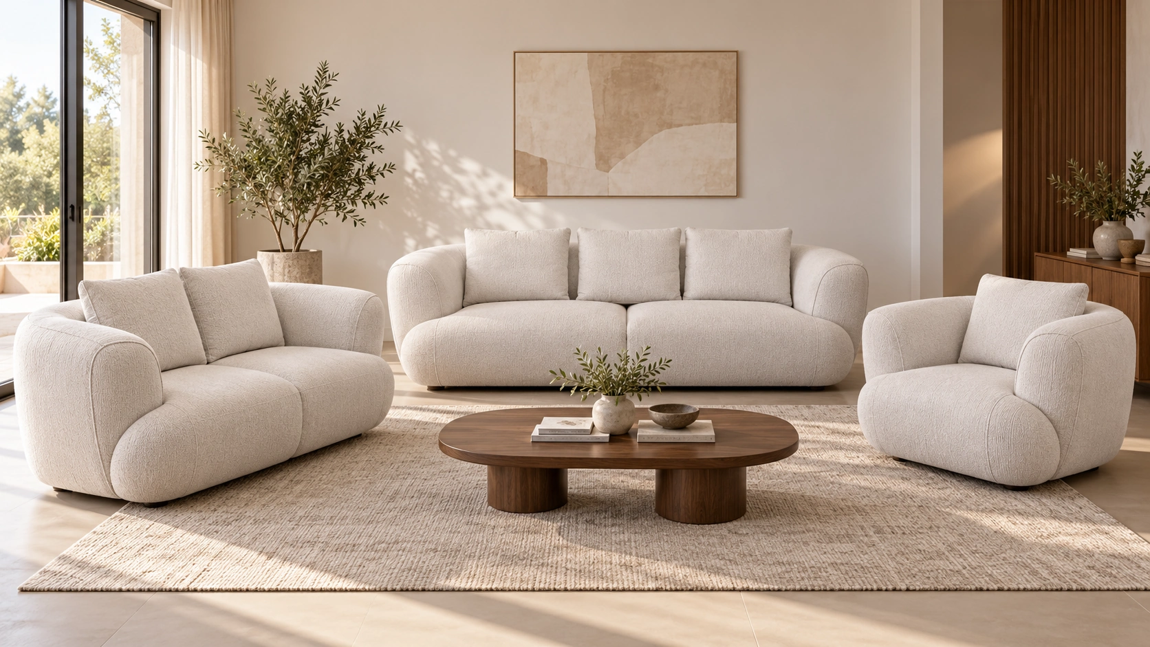 Salon ivoire 3 + 2 + 1 avec table basse décorative — présentation générée