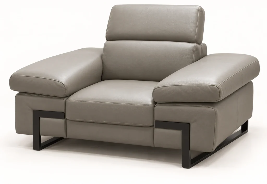 Prestigio, fauteuil en cuir gris taupe et cadre latéral de piètement — présentation générée