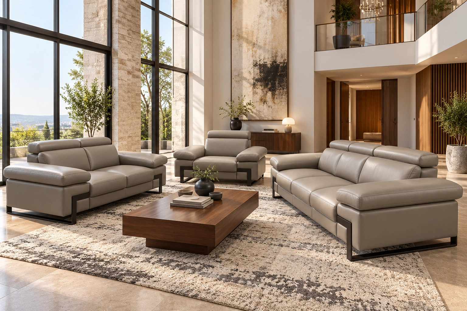 Prestigio — Salon italien en cuir gris taupe