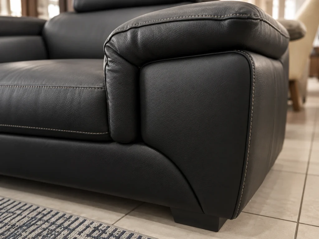 Salon en cuir noir trois pièces — détail du cuir noir et des surpiqûres — présentation générée