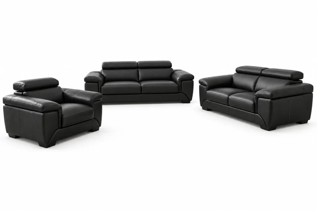 Salon en cuir noir trois pièces — ensemble complet sur fond blanc — présentation générée