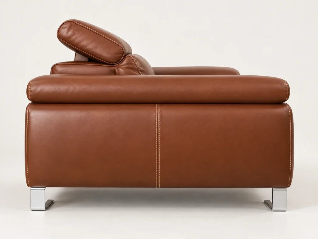 Salon en cuir cognac trois pièces — profil du fauteuil, panneau cousu et pieds chromés — présentation générée
