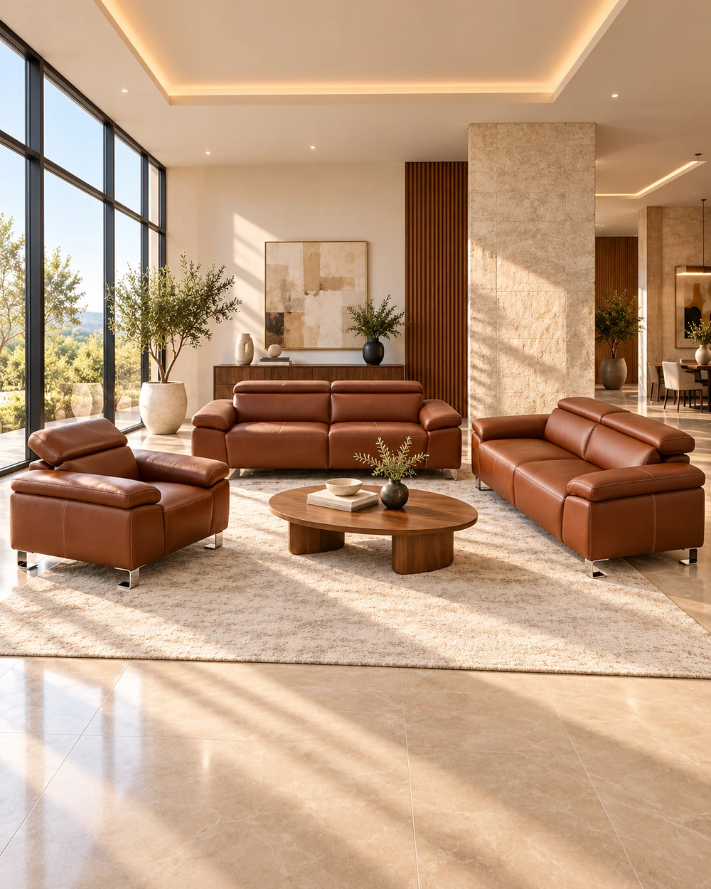 Rameo — Salon italien en cuir cognac 3 pièces